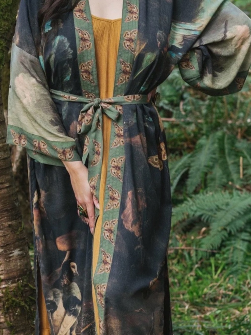 Market of Stars Heartwork Botanical Print Kimono Robe in Dark Green & Mustard